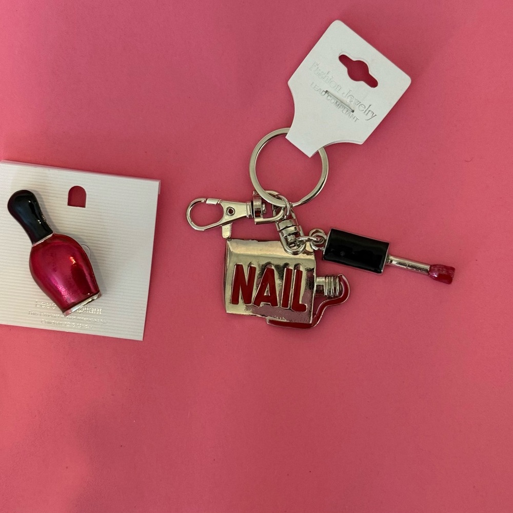Nail Polish Keychain with Red and Black Accents Bundle with Nail polish Broach